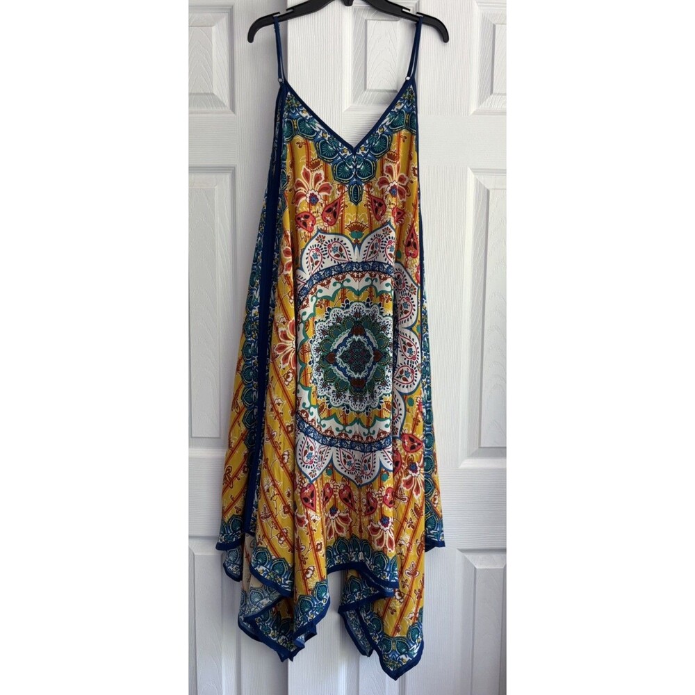 Jealous Tomato Mandala Print Strappy Dress Handkerchief Hem Boho Bright Colors M